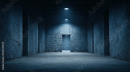 Empty concrete corridor under dim light.