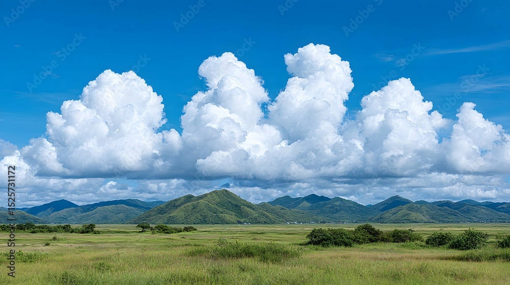 Obraz premium Green grassland landscape with distant hills and a blue sky filled with clouds.
