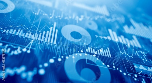 Abstract digital background with graphs, bar charts, data points, blue tones, business analytics theme