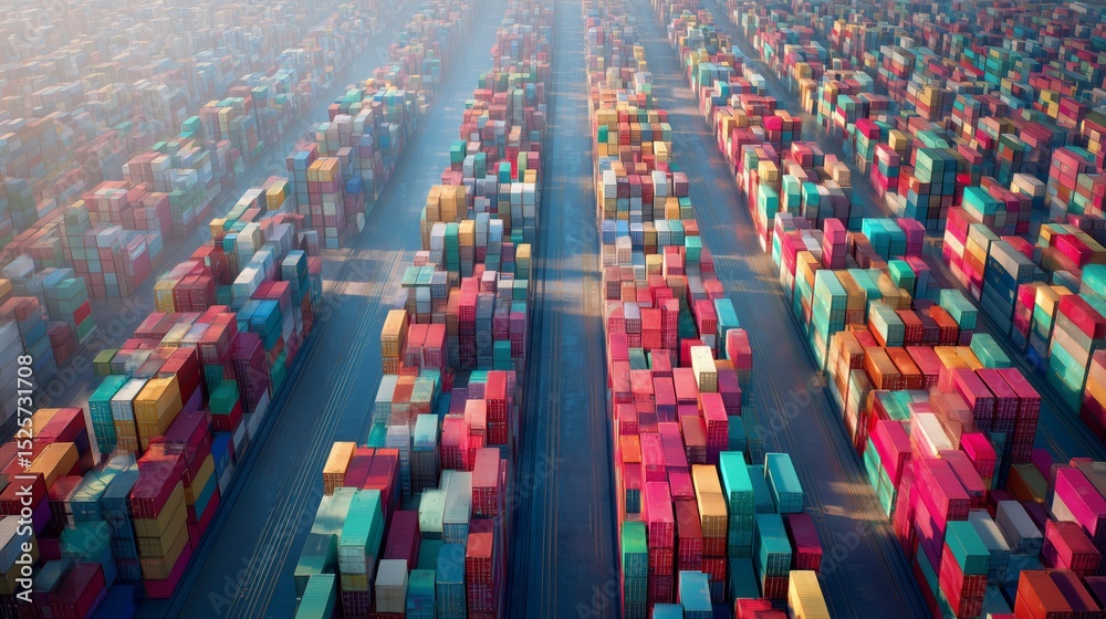 Obraz premium Colorful shipping containers stacked in rows at an industrial port, Global trade and logistics in motion
