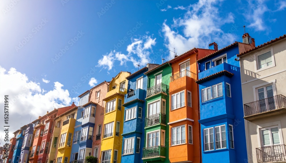 Fototapeta premium Colorful City Buildings Rising Towards Sunny Sky