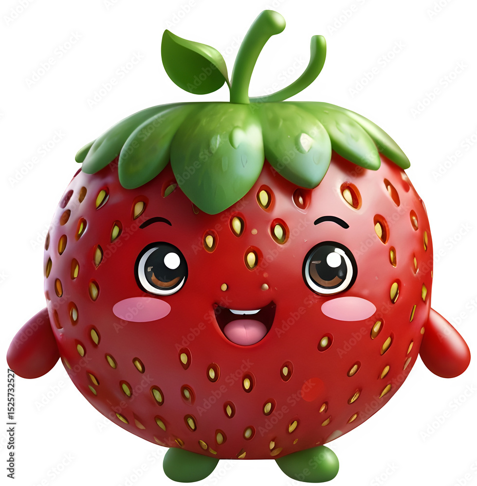 Obraz premium Cute strawberry character, strawberry, fruit, food, red, refreshing, sweet, dessert, fresh strawberry, digital art, food character, strawberry image, strawberry graphic, seasonal fruit, raspberry