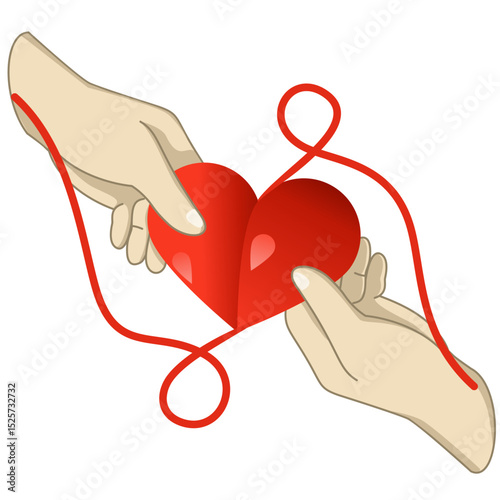 Vector illustration of hands holding a red heart, connected by a red string, depicting the concept of blood donation and shared humanity. Ideal for celebrating World Blood Donor Day, promoting health 