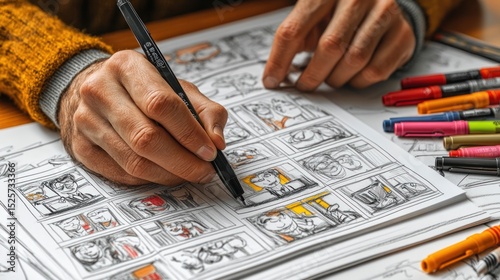 Cartoonist working on comic panels