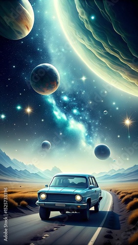 Cutting-edge sci fi blue car racing through colorful universe space background stunning concept for car brand marketing vertical design laralara for creating ads news for text