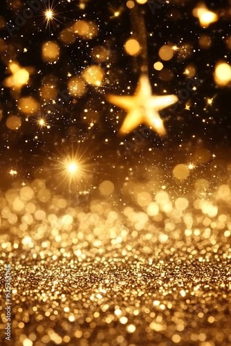 Golden star suspended above sparkling bokeh lights, festive glitter sheen