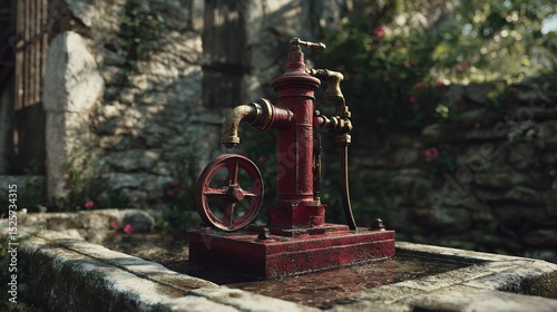 Outdoor water faucet on a brick wall, surrounded by greenery. Drops hanging from the faucet head.