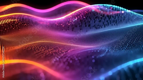Abstract digital wave with colorful glowing particles flowing over dark background