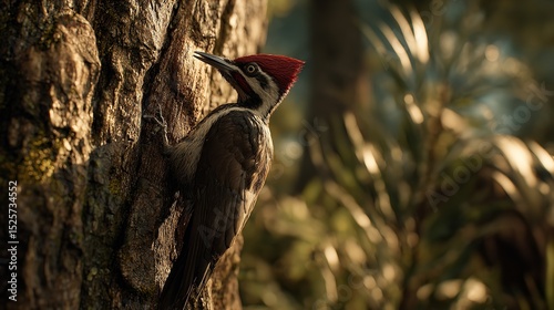 A North American woodpecker (Dryocopus pileatus) perches on a tree trunk