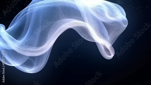 Abstract ethereal forms floating gently in a dark space with twinkling stars, a mesmerizing dance