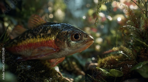 A fish swimming in clear water, surrounded by lush greenery and rippling reflections.