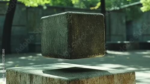 Abstract Floating Cube Sculpture in a Tranquil Park Setting Visual Art