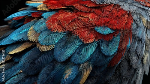 Colorful feathers display vibrant hues of blue, orange, and green on a bird's wing