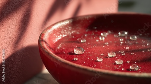 A red bowl of liquid sits on a table