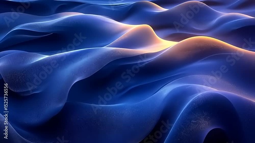 Abstract flowing smooth blue waves with golden light effects and dynamic movement