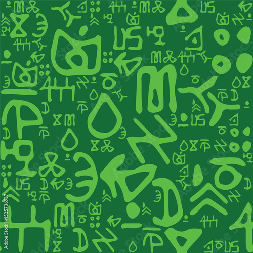 Alphabet of abstract mysterious symbols, seamless green matrix code pattern. Medieval alchemical signs. Mystical, esoteric, occult background. Hand drawn and written design elements. Vector wallpaper