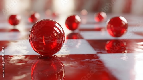 A vibrant red bowling ball sits on the wooden lane of a bowling alley, focus on ball