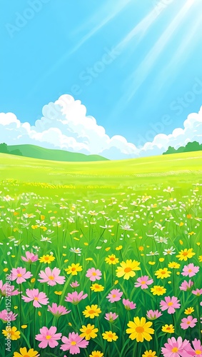 Vibrant Summer Meadow, Sunlit Landscape, Blooming Flowers, Green Grass, Colorful Cosmos, Daisy Field, Peaceful Nature Scene, Idyllic Springtime Vista