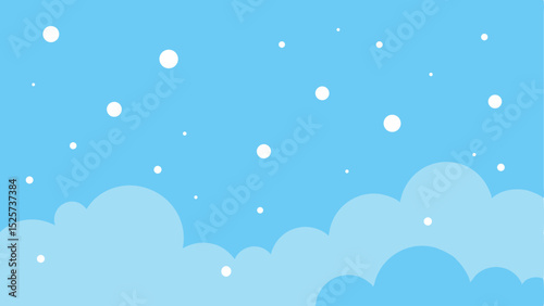 Cartoon cloudscape featuring clouds and floating white dots against a blue sky