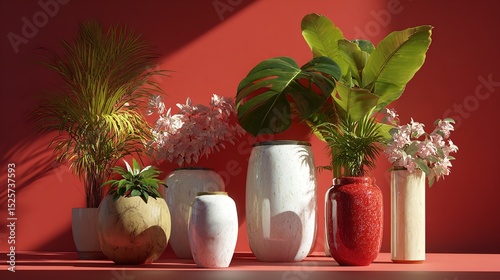 Vibrant Tropical Houseplants in Minimalist Digital Interior Scene
