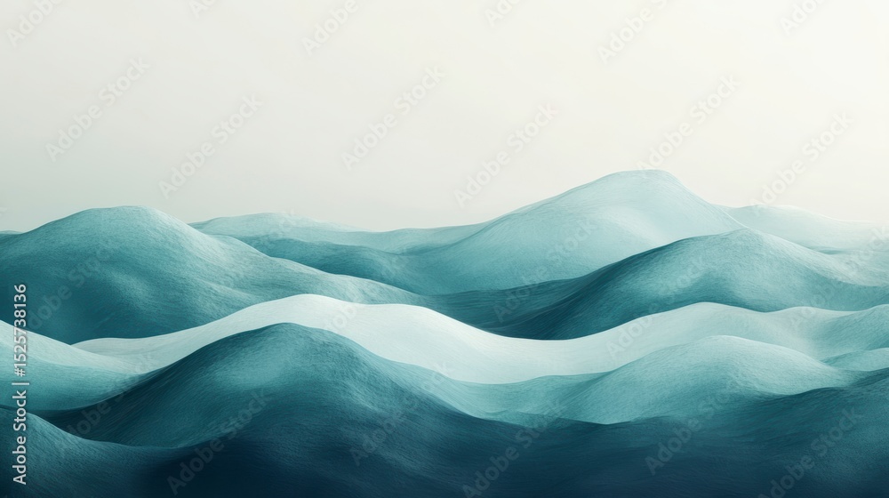 Fototapeta premium Abstract teal hills landscape, undulating waves, soft light, minimalist design.