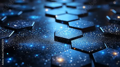 Abstract Futuristic Background with Blue Hexagons and Glowing Particles, High-Tech Visualization