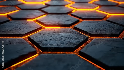 Abstract futuristic background with orange glowing hexagonal shapes and cracked texture