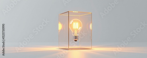 A glowing light bulb inside a transparent glass box, casting reflections and soft light in a minimalistic setting.