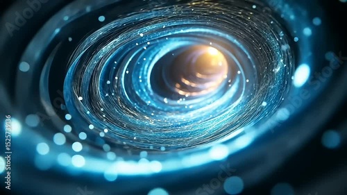 Abstract Futuristic Glowing Tunnel with Blue Light Trails and Particle Effects