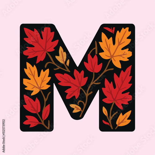 Autumn Leaf Pattern Letter M Illustration Sticker.eps