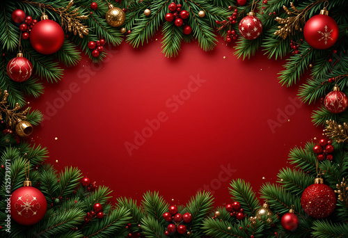 Festive Red Christmas Background with Evergreen Pine and Baubles. Classic Holiday Frame for Seasonal Invitations and Cards.