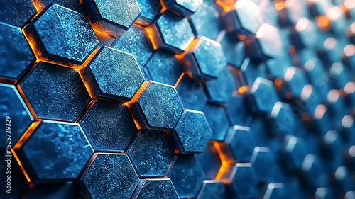 Abstract futuristic hexagon pattern design with blue and orange glowing for background