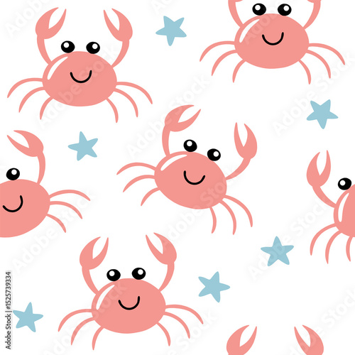 Seamless pattern with cute pink cartoon crabs and blue star on white background.