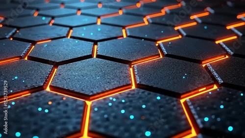 Abstract Futuristic Hexagonal Grid Background with Glowing Orange and Blue Particles
