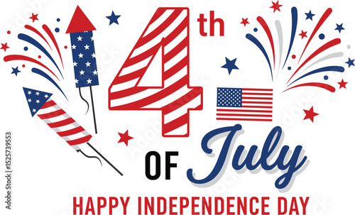 4th of July, United Stated independence day. Template design for poster, banner, postcard, flyer, greeting card. American national day. Vector illustration with star background, fireworks and USA flag