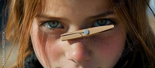 Intriguing portrait of a young woman with a wooden clothespin on her nose