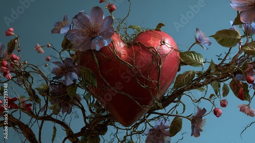 Fluttering Hearts: Paper hearts of various colors dance in the breeze, tied to the branches of a tree