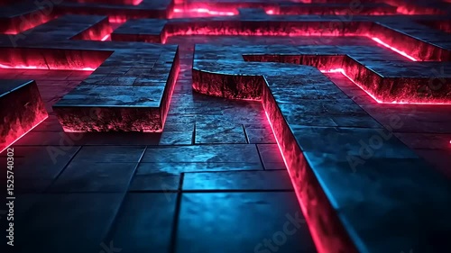 Abstract Futuristic Maze with Glowing Red Outlines and Deep Blue Tones - Modern Art