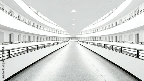 A long, white hallway with curved walls and balconies. photo