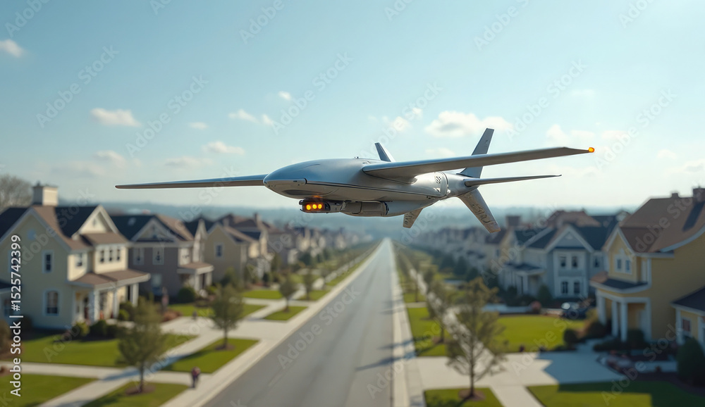 Fototapeta premium Drone Flying Over Residential Neighborhood