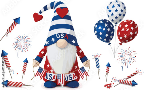 4th of July patriotic gnome with fireworks, rockets and balloons. Vector seamless pattern. Isolated on white background. Independence Day background. For digital paper, greeting cards, web design