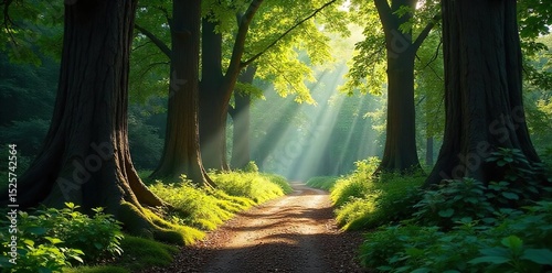 Sun-dappled path winding through a dense, ancient forest of towering wooden trees, sunlight filtering through leaves The air is still, a sense of quiet mystery pervades , stillness, light, dark