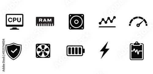 Modern Computer Hardware & Performance Icons: System, Security, and Analytics Set

