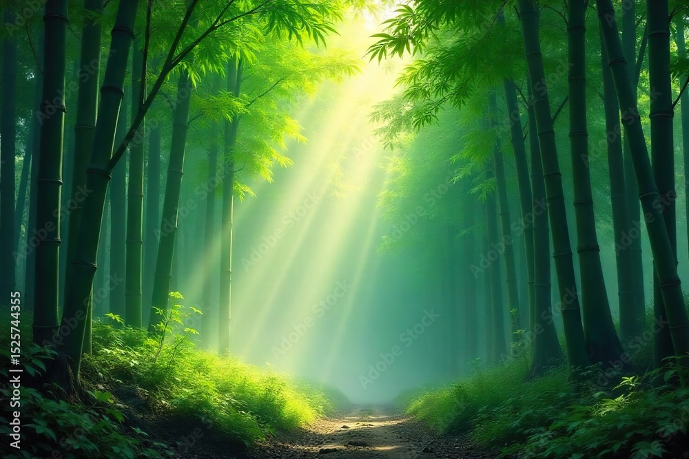 Fototapeta premium Serene bamboo forest bathed in soft morning light, mist clinging to the lush green leaves Tranquil scene evokes peace and harmony , landscape, wood