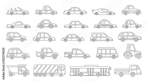 Car hand drawn cartoon style set. Linear cute different transport pickup, bus tractor truck, taxi sedan collection. Simple doodle car illustration for children textile cloth poster vector illustration