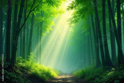 Serene bamboo forest bathed in soft morning light, mist clinging to the lush green leaves Tranquil scene evokes peace and harmony , landscape, wood