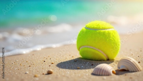 A vibrant yellow tennis ball rests on a sun-drenched, sandy beach, surrounded by seashells and gently lapping waves, evoking the carefree feeling of a summer vacation , golden, tennis ball