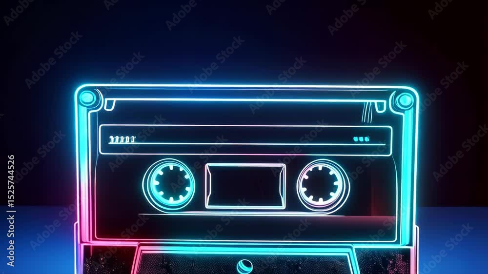 Vaporwave Style Cassette Tape with Neon Pink and Blue Lights on a Dark Background