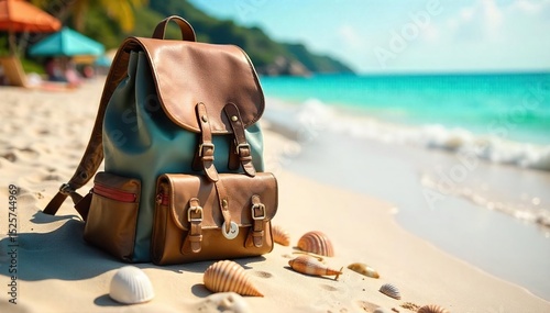 A joyful backpack rests on a sun-drenched beach, seashells scattered nearby; a postcard-perfect scene of carefree travel happiness , calm, bliss
