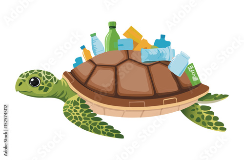 Sea Turtle Carrying Plastic Waste on Shell